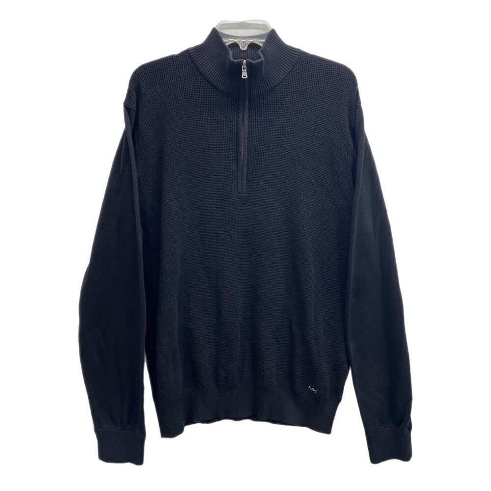 Michael Kors Quarter Zip Sweater Men XL Black Long Sleeve Mixed Knit 100% Cotton